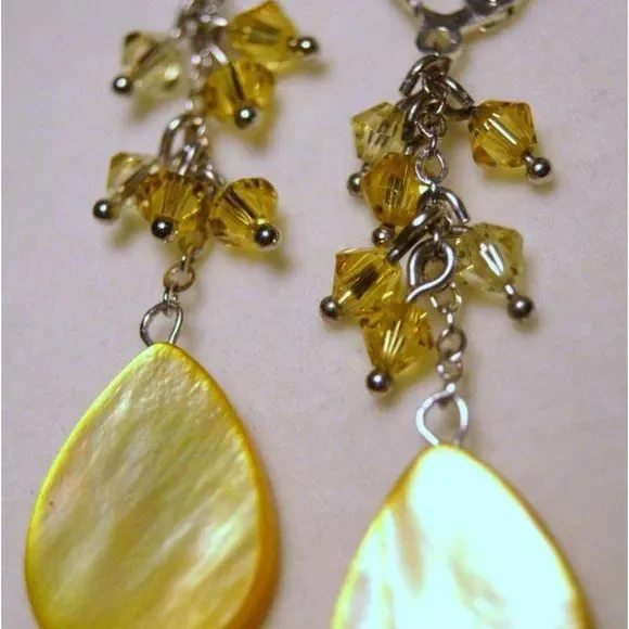 Handmade Yellow Shell & Crystal Sterling Silver Earrings - Picture 4 of 5